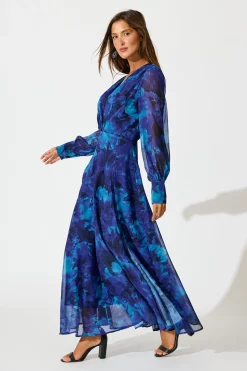 Fashion Martina Maxi Dress in Blue Watercolour Chiffon Dresses|Party
