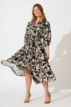 Discount Martina Midi Shirt Dress in Black with Beige Leaf Print Dresses|Casual