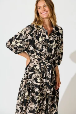 Discount Martina Midi Shirt Dress in Black with Beige Leaf Print Dresses|Casual