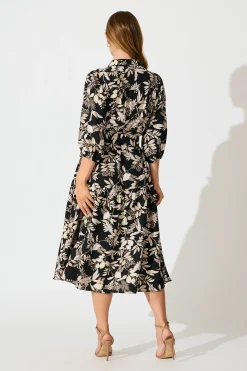 Discount Martina Midi Shirt Dress in Black with Beige Leaf Print Dresses|Casual