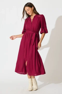 Online Matika Midi Dress in Wine Linen Blend Dresses|Casual