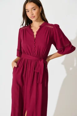 Online Matika Midi Dress in Wine Linen Blend Dresses|Casual