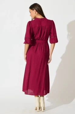 Online Matika Midi Dress in Wine Linen Blend Dresses|Casual