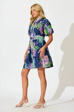Outlet Maybelle Shirt Dress in Navy Wisteria Print with Piping Trim Dresses|Casual