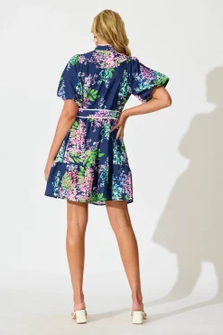 Outlet Maybelle Shirt Dress in Navy Wisteria Print with Piping Trim Dresses|Casual
