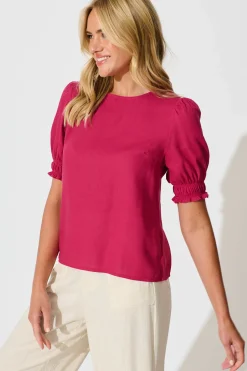 Clearance Melanie Top In Deep Rose Cotton Linen Blend Tops