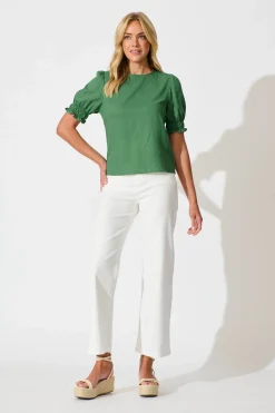 New Melanie Top in Green Cotton Linen Blend Tops|Casual
