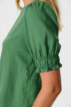 New Melanie Top in Green Cotton Linen Blend Tops|Casual
