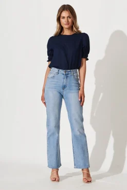 Discount Melanie Top In Navy Cotton Linen Blend Tops|Casual