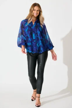 Clearance Melina Top in Blue Watercolour Chiffon Tops|Party & Occasion