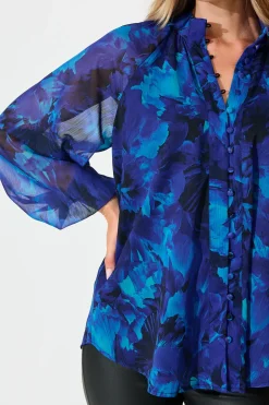 Clearance Melina Top in Blue Watercolour Chiffon Tops|Party & Occasion