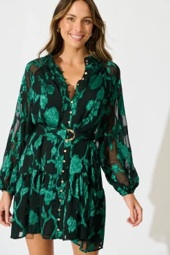 Clearance Melinda Dress in Black with Emerald Floral Burnout Chiffon Dresses|Party