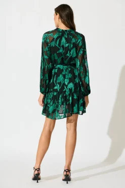 Clearance Melinda Dress in Black with Emerald Floral Burnout Chiffon Dresses|Party