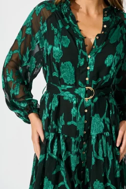 Clearance Melinda Dress in Black with Emerald Floral Burnout Chiffon Dresses|Party