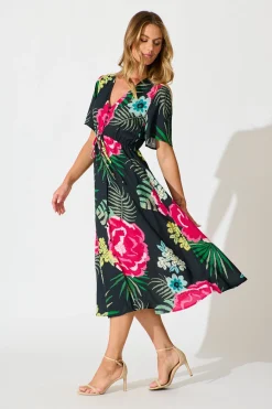 Hot Melody Midi Dress In Black with Pink Floral Dresses|Casual