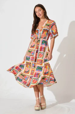 New Melody Midi Dress In Bright Multi Postcard Print Dresses|Casual