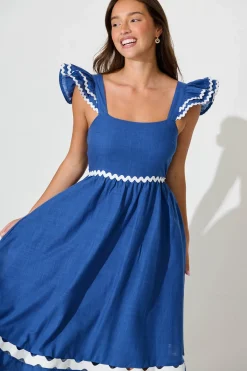 Clearance Miami Midi Dress In Blue With White Ric Rac Cotton Dresses|Casual