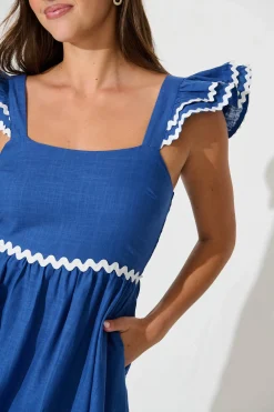 Clearance Miami Midi Dress In Blue With White Ric Rac Cotton Dresses|Casual