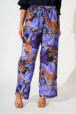 Outlet Midnight Dahlia Pant in Blue with Multi Linen Blend Bottoms|Pants