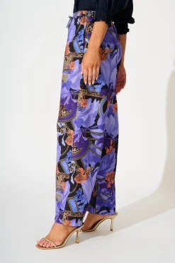 Outlet Midnight Dahlia Pant in Blue with Multi Linen Blend Bottoms|Pants