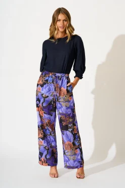 Outlet Midnight Dahlia Pant in Blue with Multi Linen Blend Bottoms|Pants