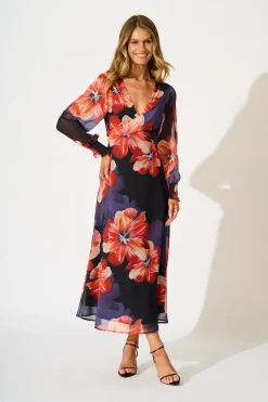 Hot Midnight Magnolia Maxi Dress in Black with Red Floral Chiffon Dresses|Party