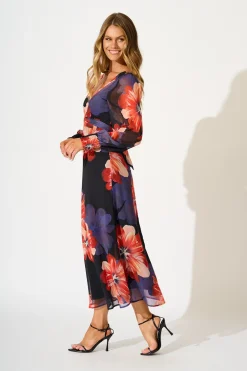 Hot Midnight Magnolia Maxi Dress in Black with Red Floral Chiffon Dresses|Party