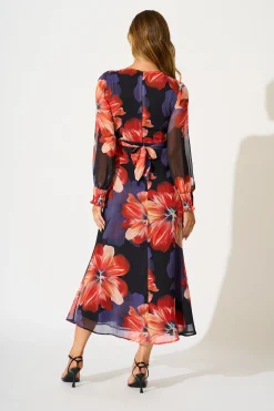 Hot Midnight Magnolia Maxi Dress in Black with Red Floral Chiffon Dresses|Party