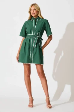 Best Miela Shirt Dress in Emerald with White Contrast Trim Cotton Dresses|Casual