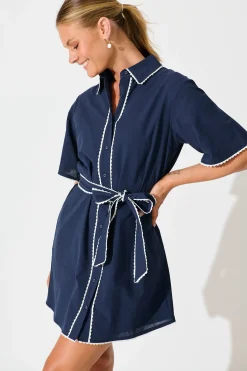 Clearance Miela Shirt Dress in Navy with White Contrast Trim Cotton Dresses|Casual