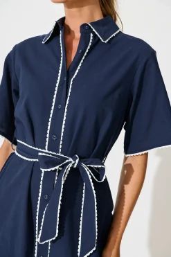 Clearance Miela Shirt Dress in Navy with White Contrast Trim Cotton Dresses|Casual