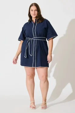 Clearance Miela Shirt Dress in Navy with White Contrast Trim Cotton Dresses|Casual