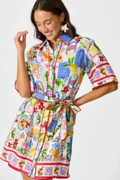 Hot Miela Shirt Dress in White With Multi Print Dresses|Casual