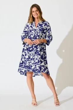 New Mina Smock Dress in White and Navy Print Dresses|Casual