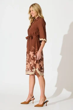 Fashion Mirabelle Midi Shirt Dress in Brown Palm Tree Border Print Dresses|Casual
