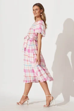 New Miranda Midi Dress In Pink With Multi Check Dresses|Casual