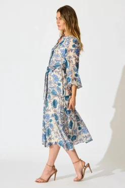 Discount Miren Midi Dress in White with Blue Floral Dresses|Casual
