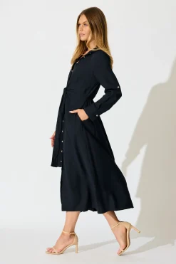 Sale Monday Muse Midi Shirt Dress in Navy Dresses|Workwear