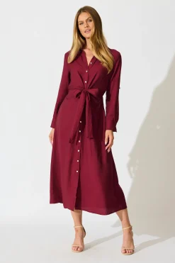 Hot Monday Muse Midi Shirt Dress in Wine Dresses|Workwear