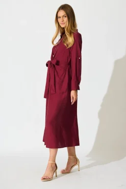Hot Monday Muse Midi Shirt Dress in Wine Dresses|Workwear
