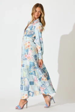Outlet Moonlight Maxi Shirt Dress in Blue Patchwork Floral Dresses|Party