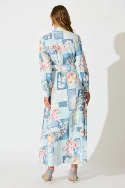 Outlet Moonlight Maxi Shirt Dress in Blue Patchwork Floral Dresses|Party