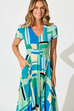 Outlet Mylee Maxi Dress in Blue with Green Geometric Dresses|Casual