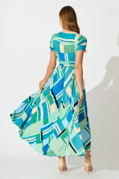 Outlet Mylee Maxi Dress in Blue with Green Geometric Dresses|Casual