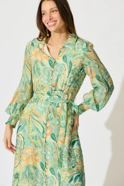 Hot Mystic Mirage Midi Shirt Dress in Multi Green Print Dresses|Party