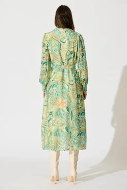 Hot Mystic Mirage Midi Shirt Dress in Multi Green Print Dresses|Party