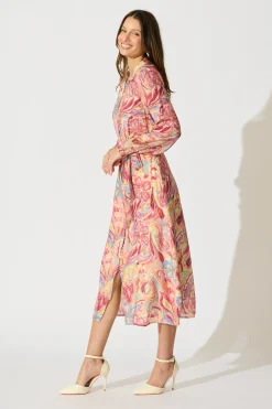 Online Mystic Mirage Midi Shirt Dress in Multi Pink Print Dresses|Party