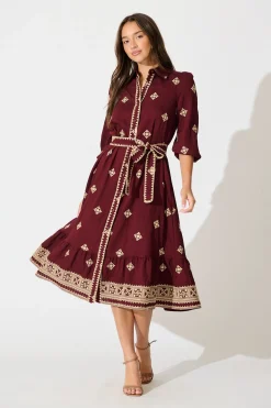 Hot Nahla Midi Shirt Dress in Wine with Cream Embroidery Dresses|Casual