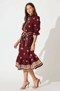 Hot Nahla Midi Shirt Dress in Wine with Cream Embroidery Dresses|Casual