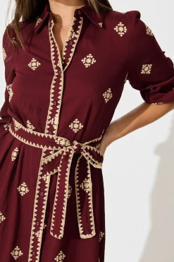 Hot Nahla Midi Shirt Dress in Wine with Cream Embroidery Dresses|Casual